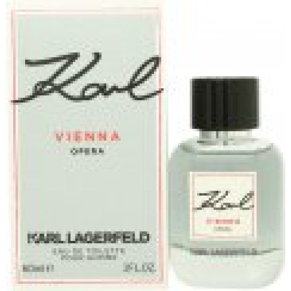 Flakon und Verpackung. Flakon mit schwarzem Deckel und rotem Etikett. Verpackung mit Karl Vienna Opera und Karl Lagerfeld.