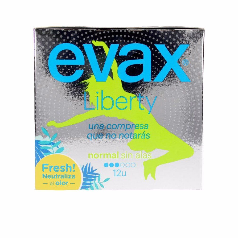 Verpackung von Evax Liberty Normal Binden. Aufschrift: Evax Liberty, eine grüne Figur, 'normal sin alas', '12u', 'Fresh!'.