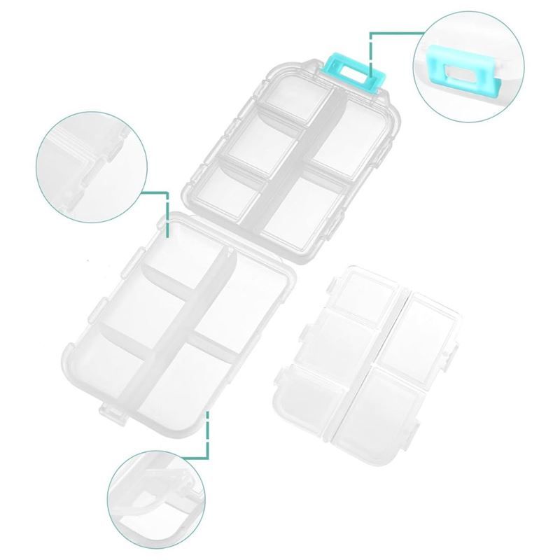 Drei transparente Tablettenboxen, teilweise geöffnet. Sieben Fächer, grüner Verschluss. Nahaufnahmen von Details.