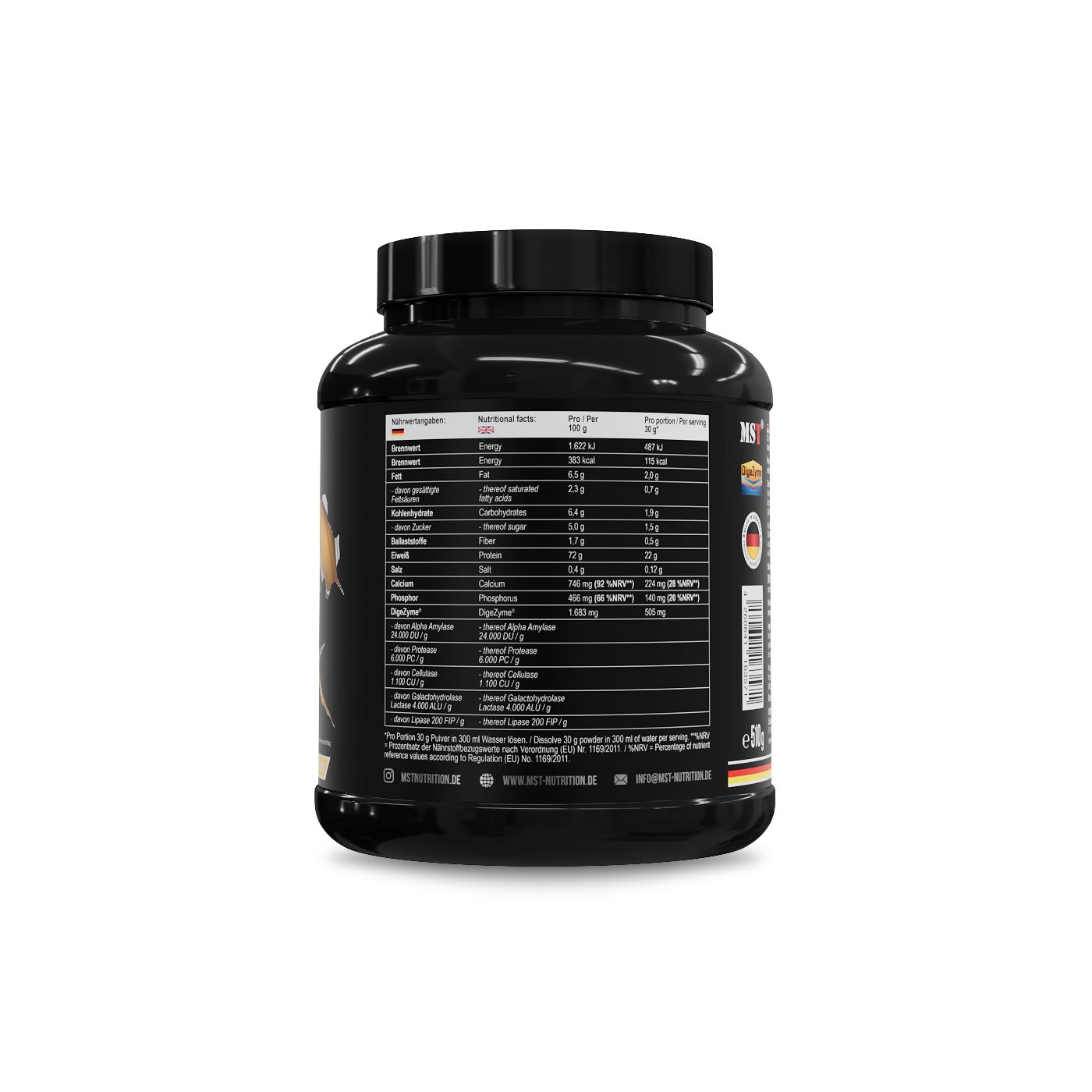 Rückseite eines schwarzen MST Best Whey Protein Behälters mit Nährwertangaben und Inhaltsstoffen.