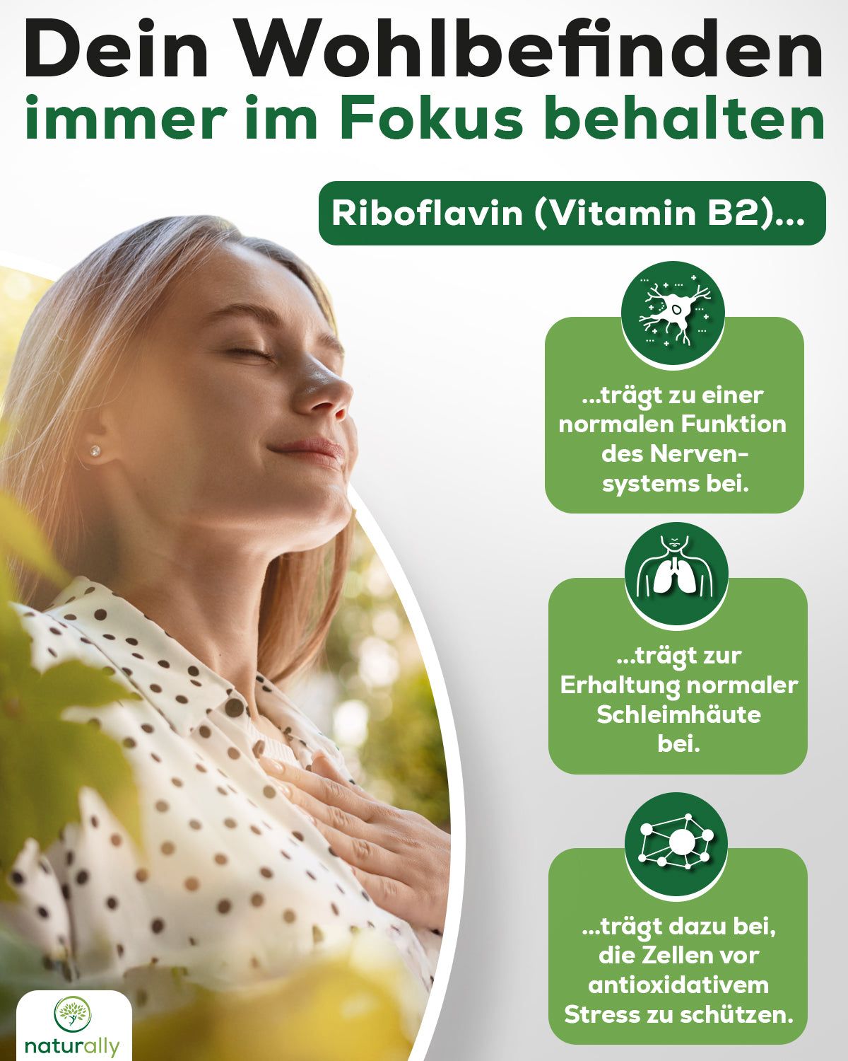 Frau mit geschlossenen Augen. Text: Riboflavin (Vitamin B2). Textfelder mit Informationen über die Wirkung.