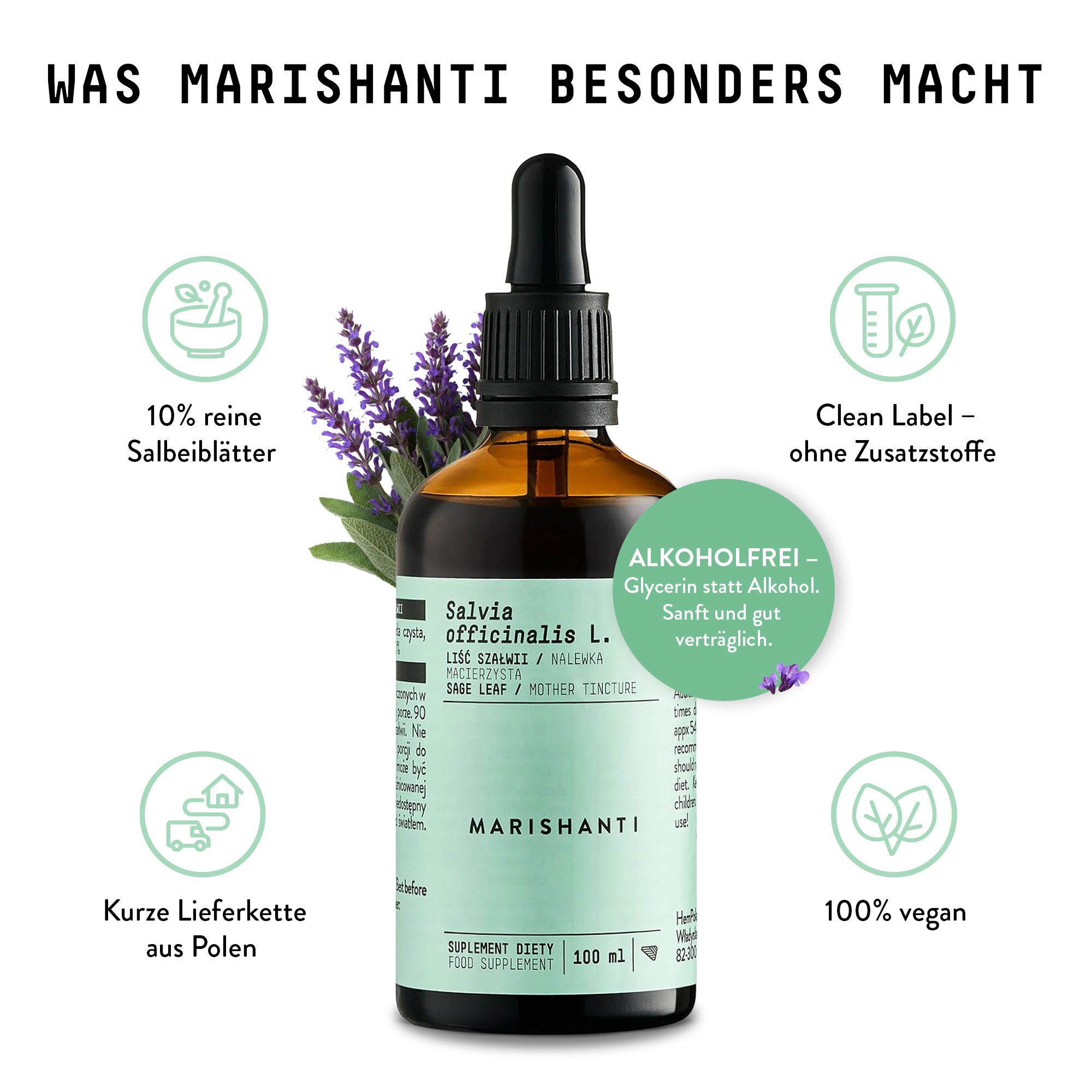Braune Flasche mit Tropfer. Text: Marishanti, Salvia officinalis L. Ohne Alkohol. 100% vegan. Reine Salbeiblätter.