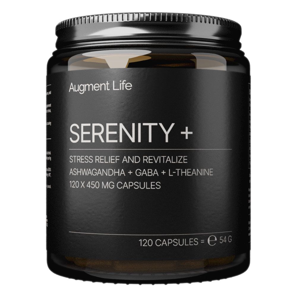 Dunkler Behälter mit Augment Life Serenity+ Kapseln. Enthält Ashwagandha, GABA, L-Theanin. 120 Kapseln.