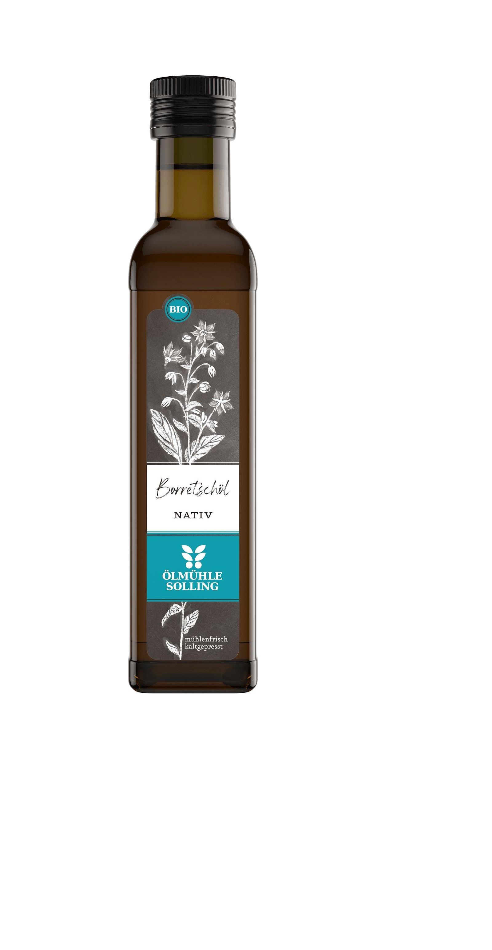 Braune Glasflasche mit Etikett. Etikett mit floraler Illustration und Text: Borretschöl, nativ, Ölmühle Solling, Bio-Siegel.