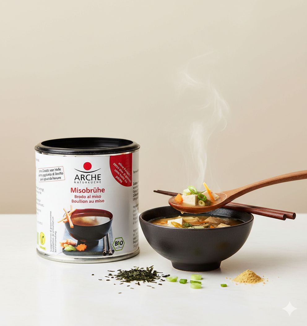 Arche Misobrühe Dose mit einer Schüssel Misosuppe, Löffel, Stäbchen und getrockneten Zutaten. Brühe tropft aus einem Holzlöffel.