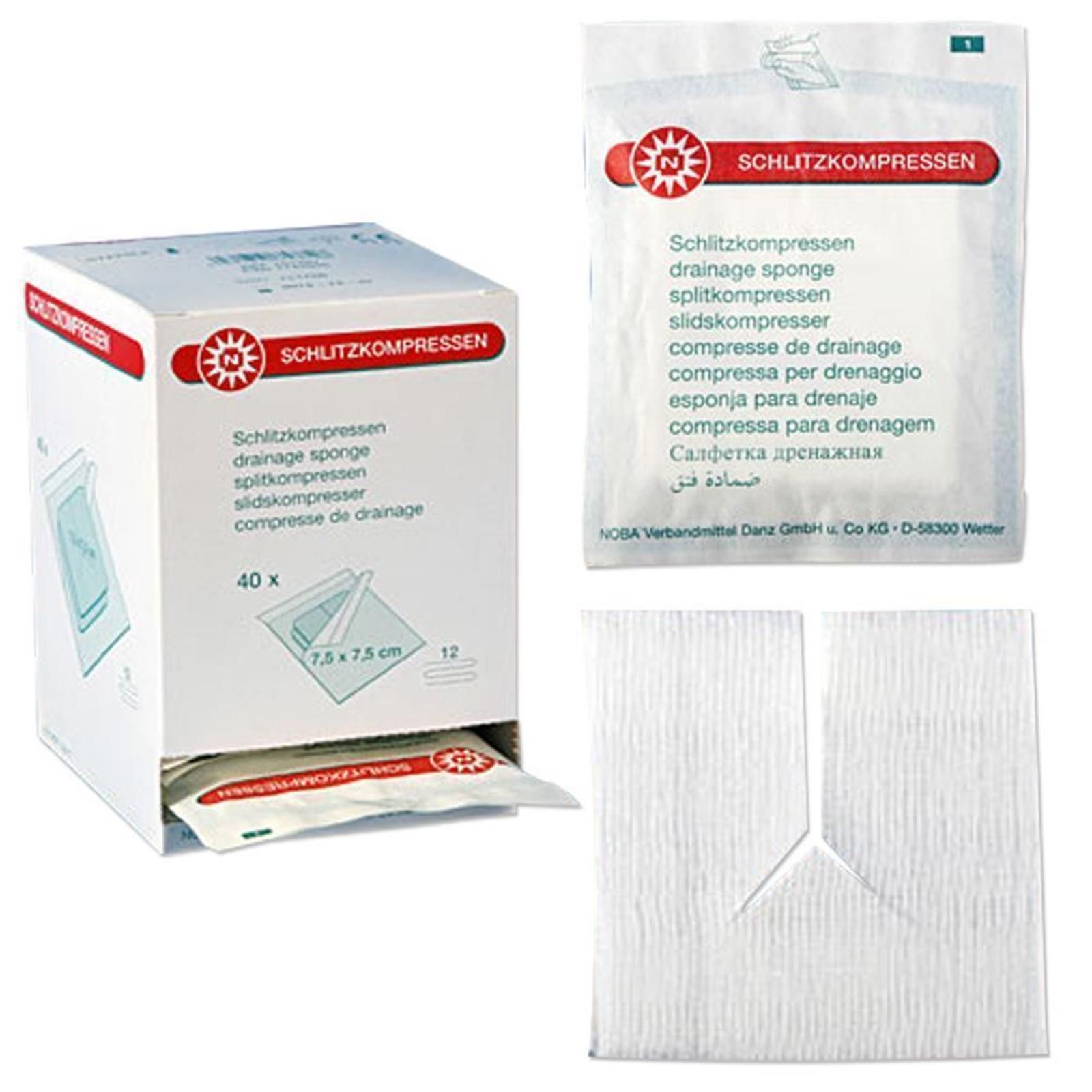 Verpackung mit Schlitzkompressen. Karton mit 40 Stück, Einzelverpackung mit Produktbezeichnung. Einzelne Kompresse mit Schlitz.