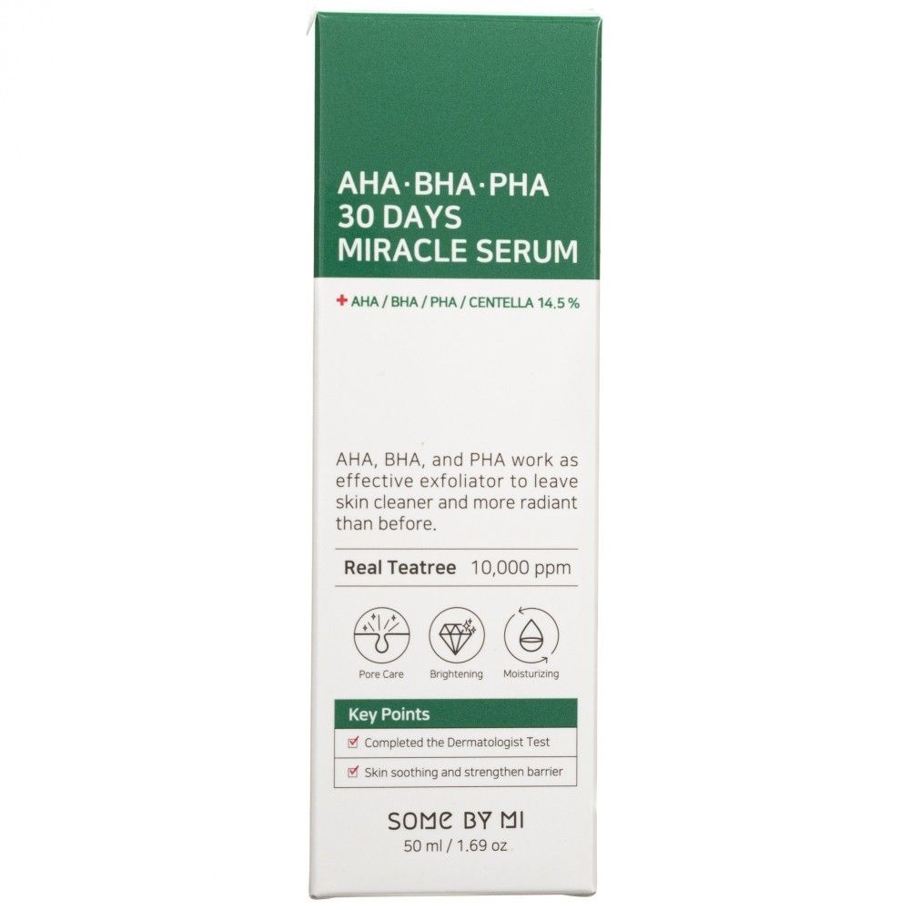 Verpackung des SOMEBYMI AHA-BHA-PHA 30 Days Miracle Serums mit Produktinformationen und Icons.