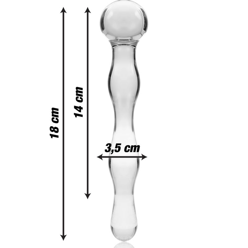 Dildo aus Borosilikatglas. Transparent, mit Größenangaben: 18 cm lang, 14 cm hoch, 3,5 cm breit. Kugelform am oberen Ende.