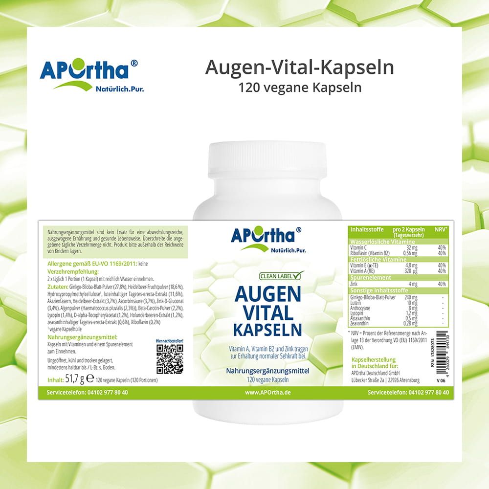 Produktverpackung mit Etikett. Weiße Flasche mit APOrtha® Augen-Vital-Kapseln. Nährwertangaben und Inhaltsstoffe. Clean Label. 120 Kapseln.