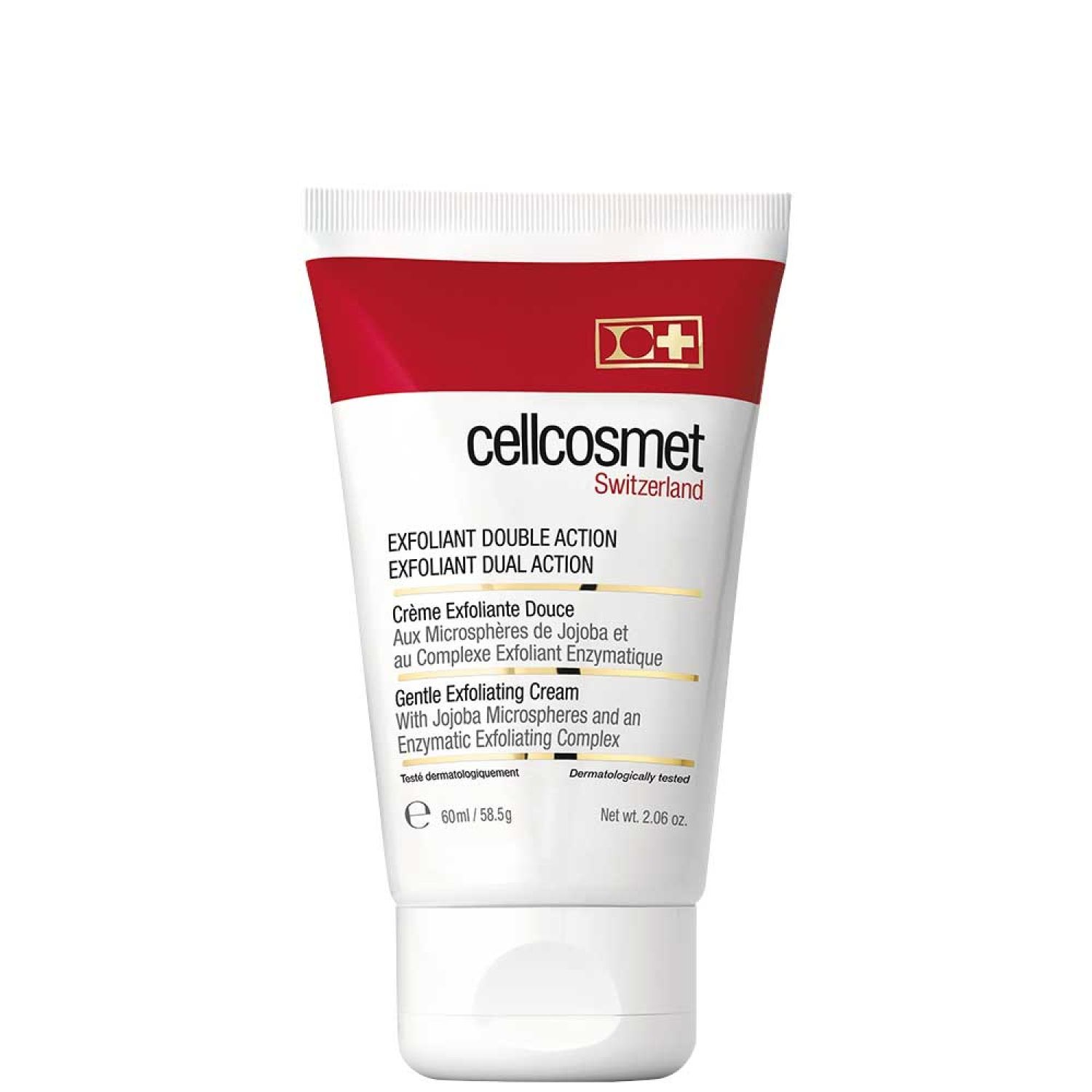 Weiß-rote Tube mit Produkttexten. Aufschrift: Cellcosmet, Exfoliant Double Action. Schweizer Kosmetik.