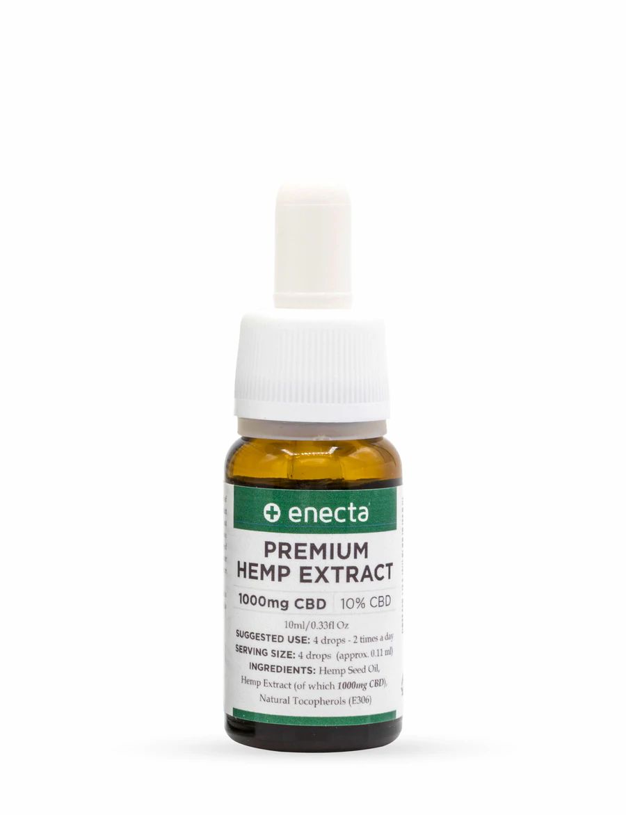 Braune Glasflasche mit weißem Deckel und Aufschrift "Enecta Premium Hemp Extract 10% CBD".