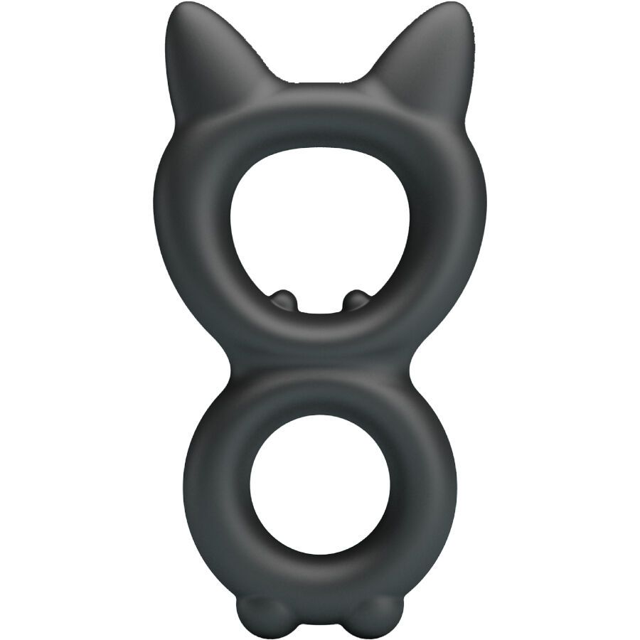 Schwarzer Doppel-Penisring mit Katzenohren-Design. Zwei Ringe verbunden, mit zwei kleinen Erhebungen.