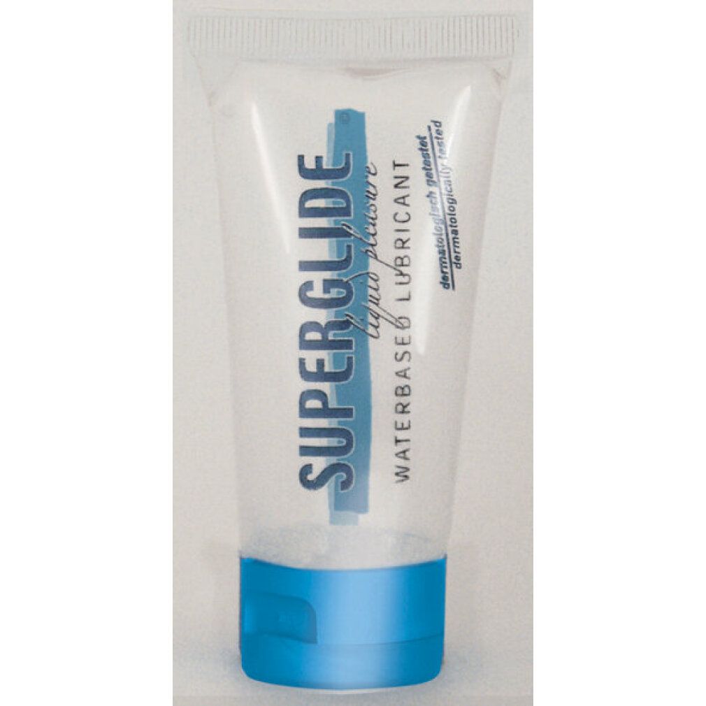 Kleine, transparente Tube mit blauem Verschluss. Aufschrift: SUPERGLIDE, waterbased lubricant.