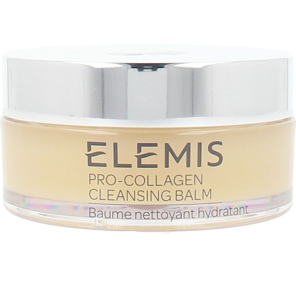 Behälter mit Balsam. Aufschrift: Elemis Pro-Collagen Cleansing Balm. Deckel silberfarben, Glasbehälter. Gelbliche Creme sichtbar.