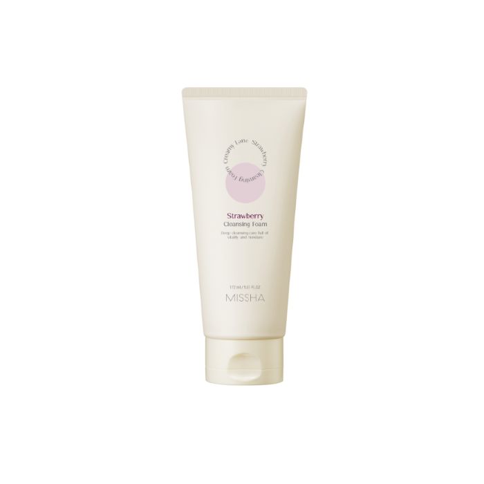 Creme-farbene Tube mit Aufschrift. Aufdruck: Strawberry Cleansing Foam. Marke: MISSHA. Flache Kappe.