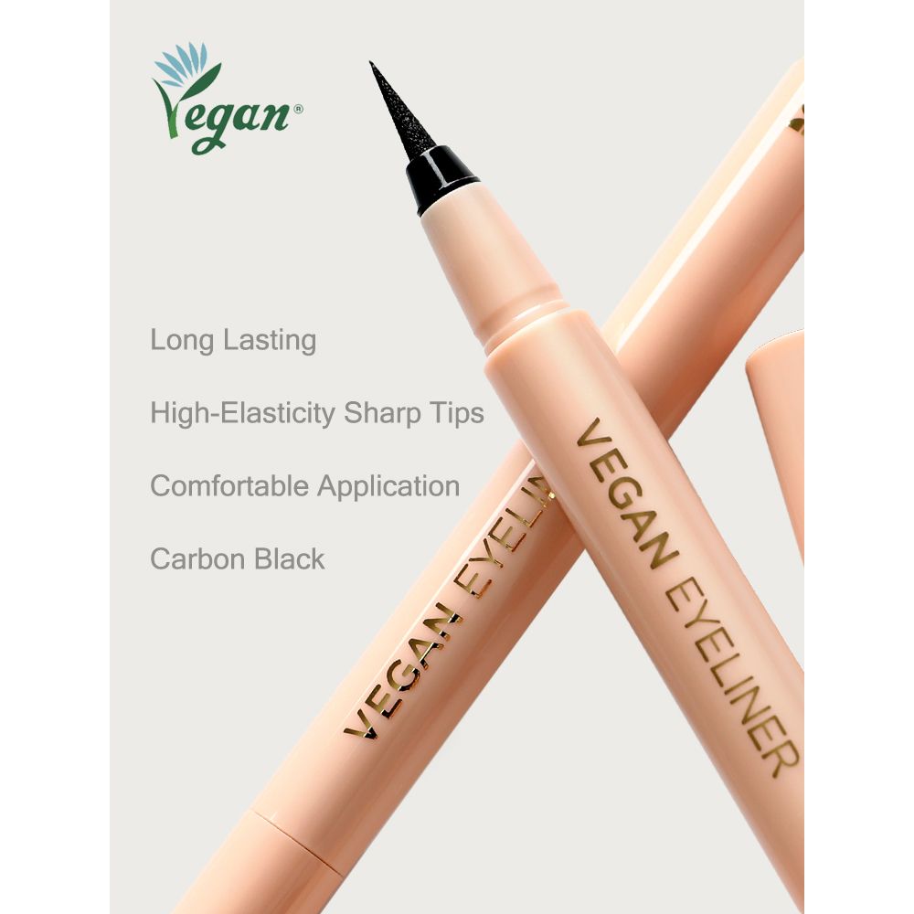 Eyeliner-Stift mit schwarzer Spitze und Text: 'VEGAN EYELINER'. Vegan-Logo. Text: Long Lasting, High-Elasticity Sharp Tips, Carbon Black.