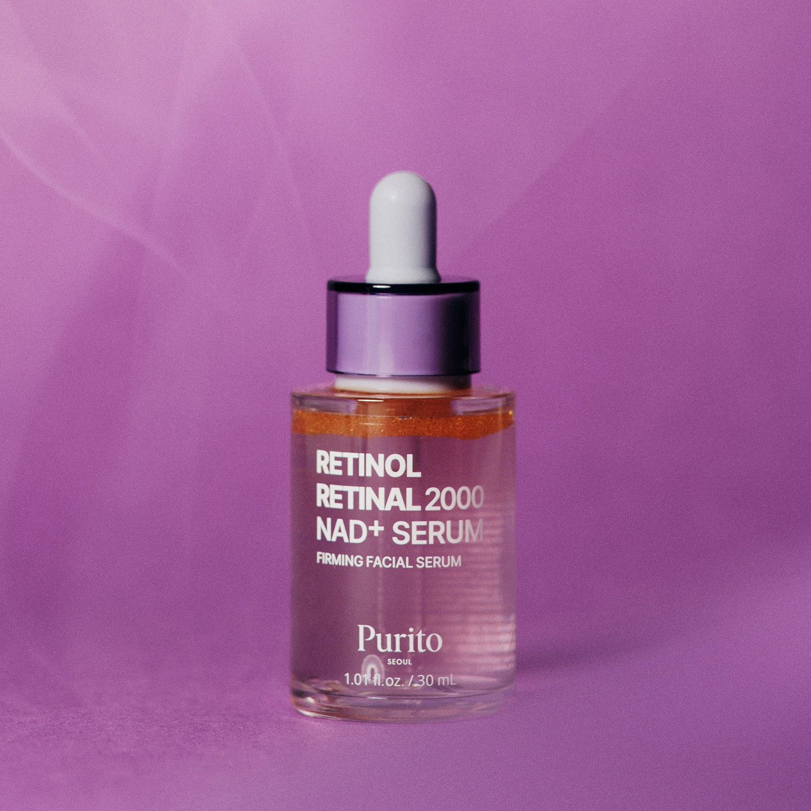 Purito Retinol Retinal 2000 NAD+ Serum in Glasflasche mit Pipette.