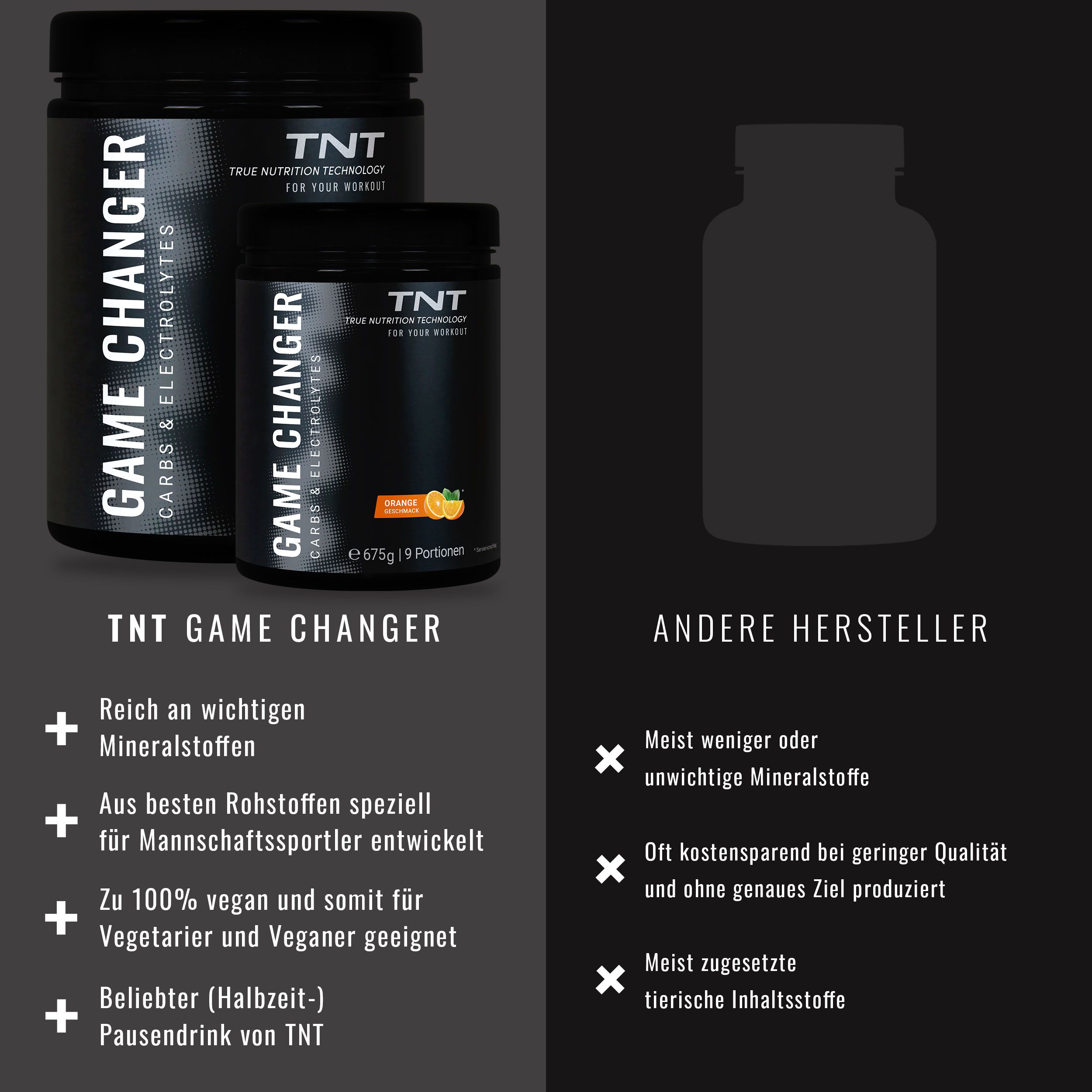 Zwei Dosen TNT Game Changer. Vergleich mit anderen Herstellern. Text: Reich an Mineralstoffen, vegan.