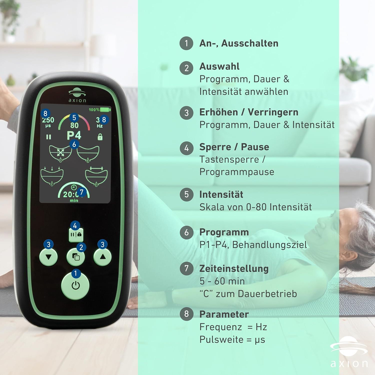 axion® I-3000 Beckenbodentrainer mit Display und Bedienknöpfen. Text mit Funktionen. Frau liegt auf Matte.