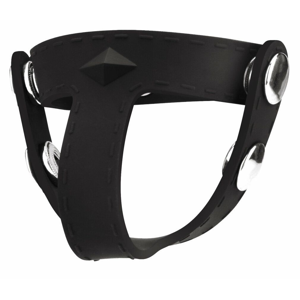Schwarzer Hodentrenner mit Ring, mit silbernen Nieten und einem rautenförmigen Detail.