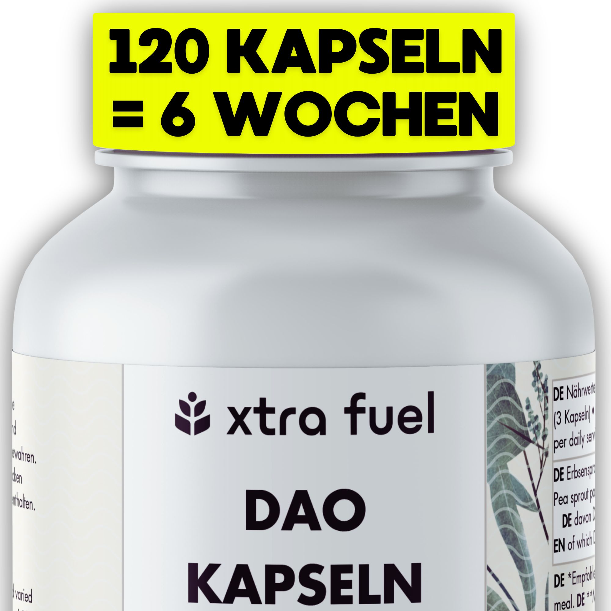 Flasche mit 120 veganen DAO Kapseln. "120 Kapseln = 6 Wochen" in gelbem Banner.