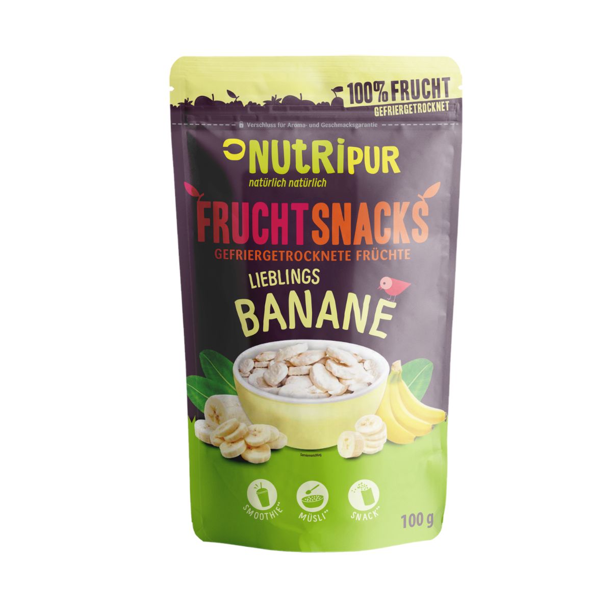 Verpackung mit gefriergetrockneten Bananensnacks. Aufschrift: NutriPur, Fruchtsnacks, Banane. 100% Frucht, 100g.