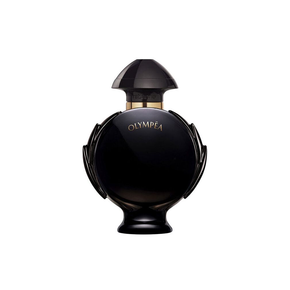 Schwarzer Flakon mit goldenen Akzenten. Aufschrift: OLYMPÉA. Runde Form mit schwarzem Deckel.