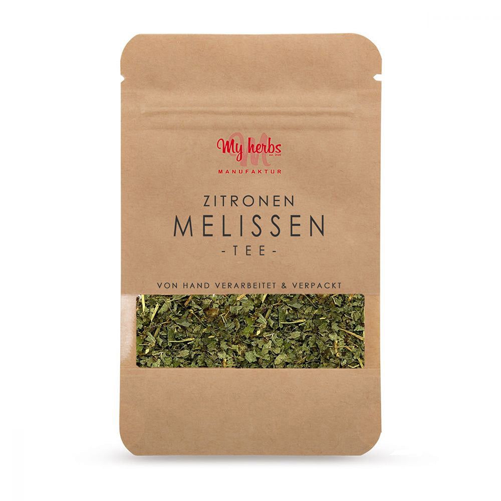 Beutel mit Zitronenmelissen Tee. Sichtfenster zeigt getrocknete Kräuter. Aufschrift: My herbs, Zitronen Melissen Tee.