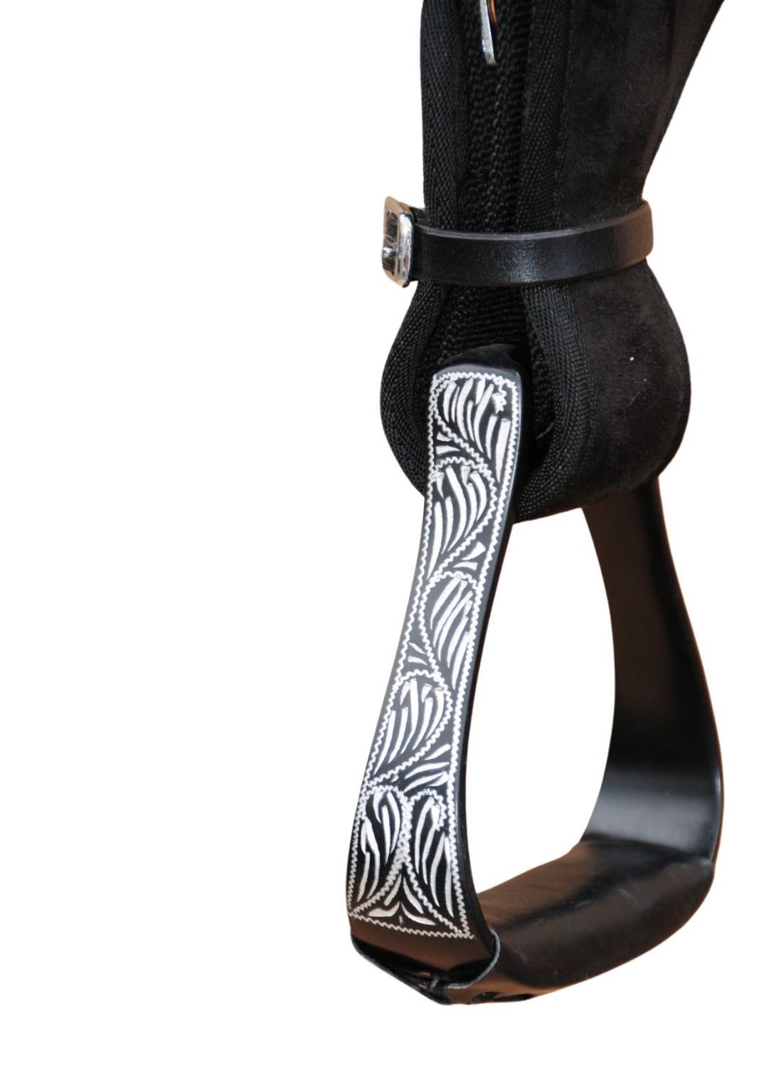 Steigbügel eines Westernsattels. Schwarzes Leder, silberne Verzierungen.