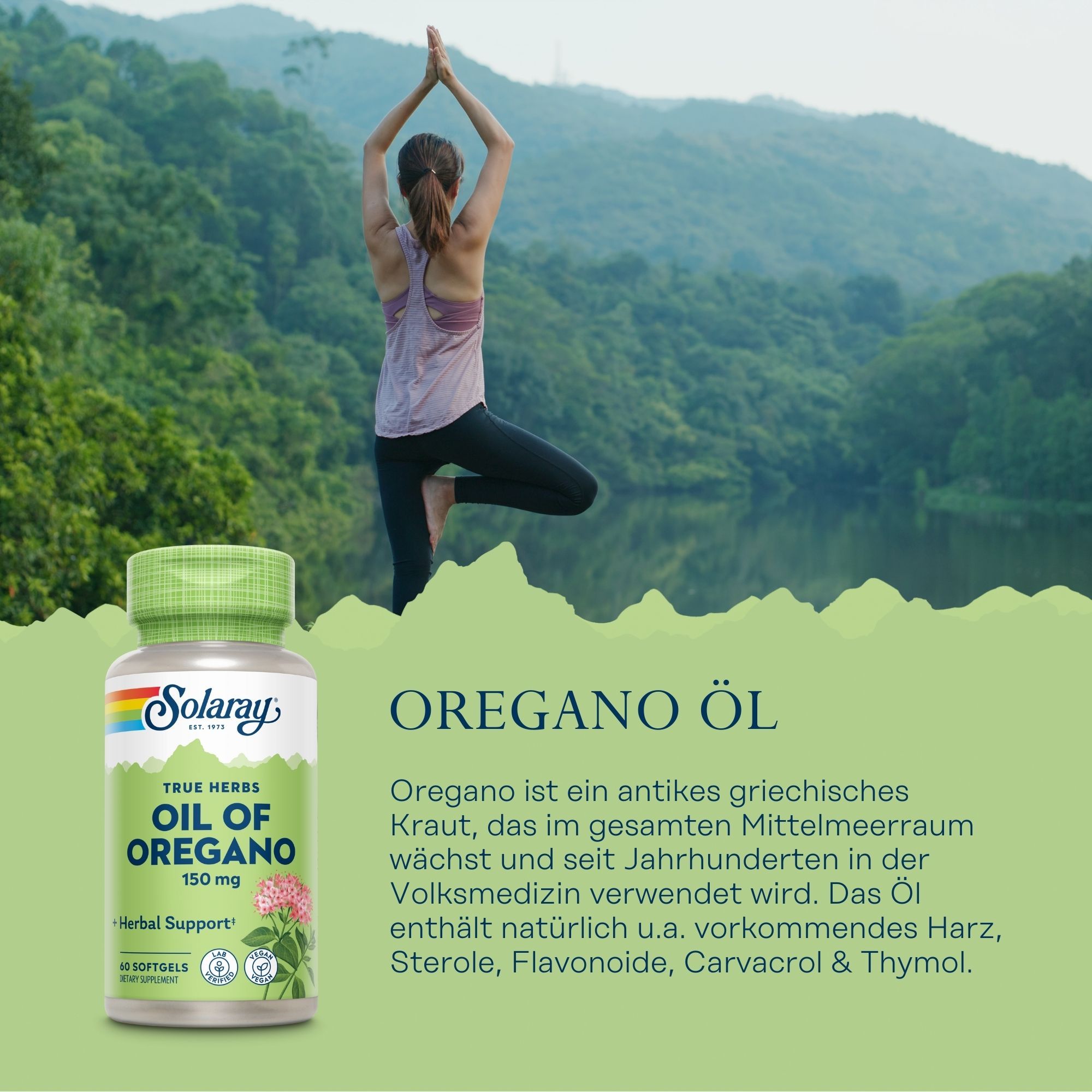 Grüne Kapsel-Dose mit Solaray-Logo und Text. Frau in Yoga-Pose vor Berglandschaft. Text: Oregano Öl, 150 mg, Herbal Support.
