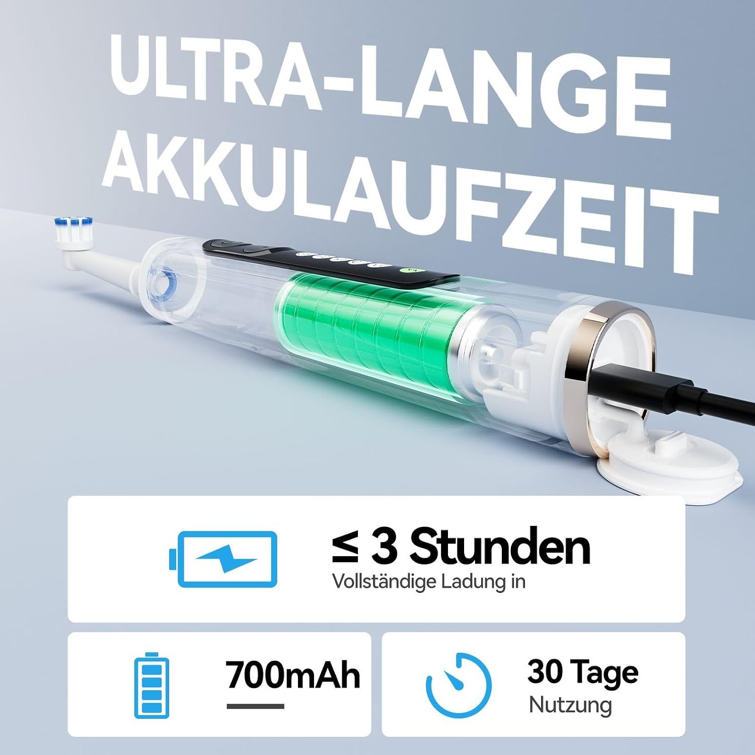 Elektrische Zahnbürste mit transparentem Gehäuse, das den Akku zeigt. Lädt in 3 Stunden.
