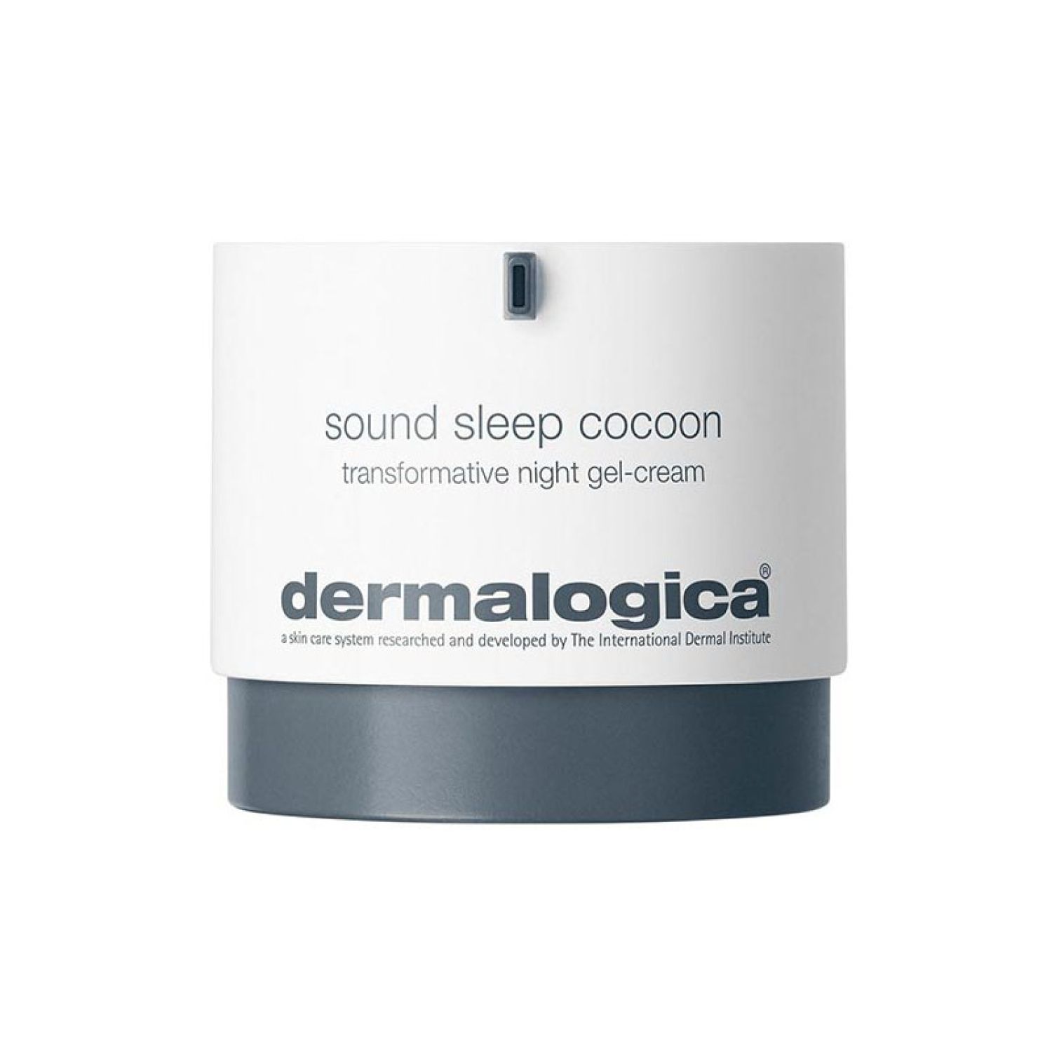 Zylinderförmige Dose mit weißem Deckel und grauem Boden. Aufschrift: sound sleep cocoon, Dermalogica.
