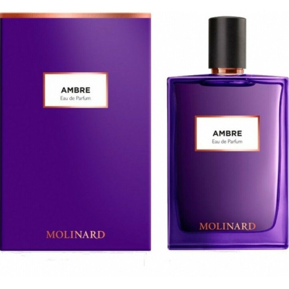 Violette Flasche und Schachtel. Aufschrift "AMBRE Eau de Parfum" und "MOLINARD".