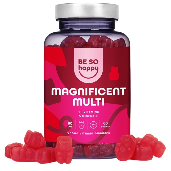 Klare Plastikflasche mit roten Gummibärchen. Auf dem Etikett steht "BE SO happy MAGNIFICENT MULTI". 60 Gummies, vegan.