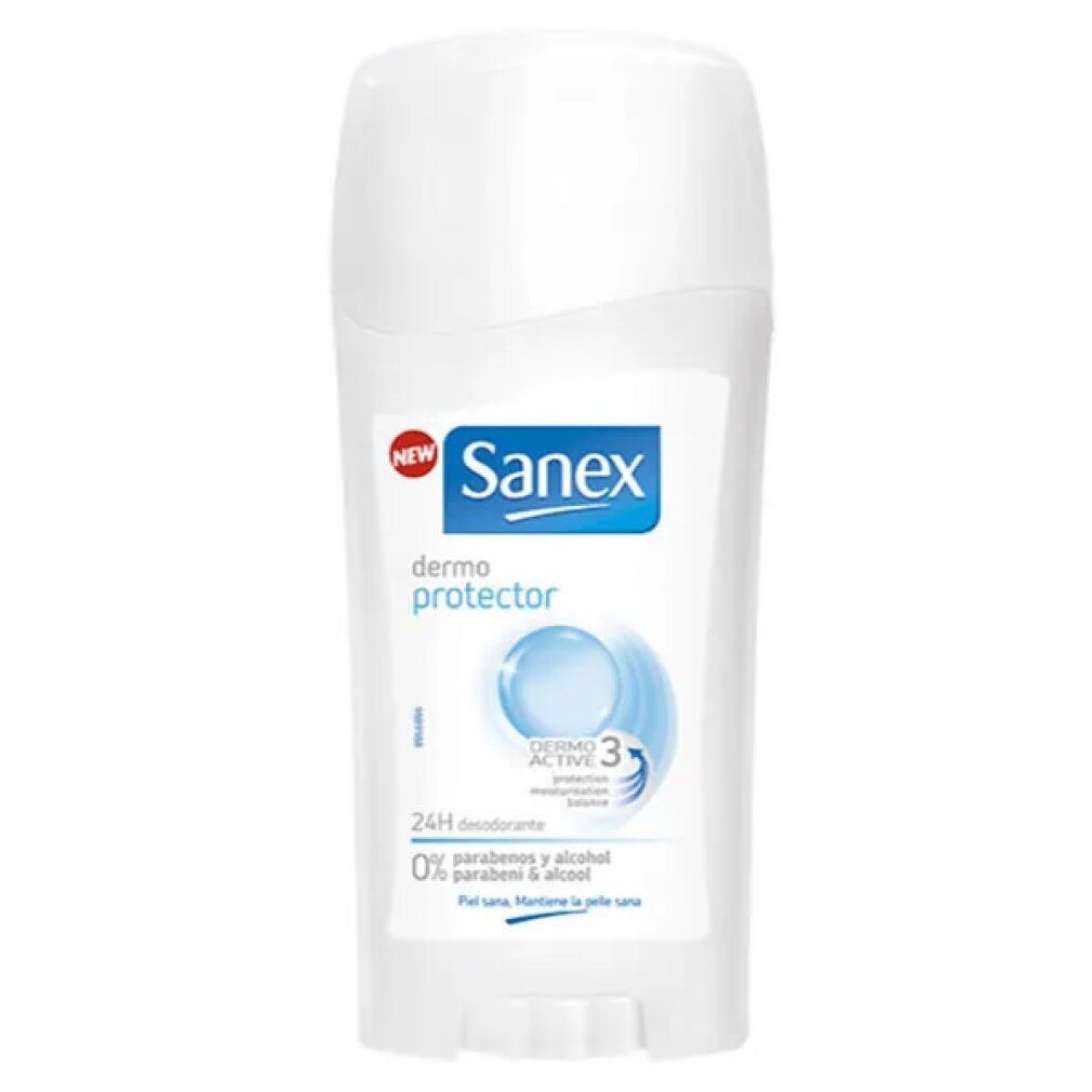 Sanex Dermo Protector Deodorant Stick. Weißer Stick mit blauem Logo und Schriftzug. Enthält 0% Parabene und Alkohol.