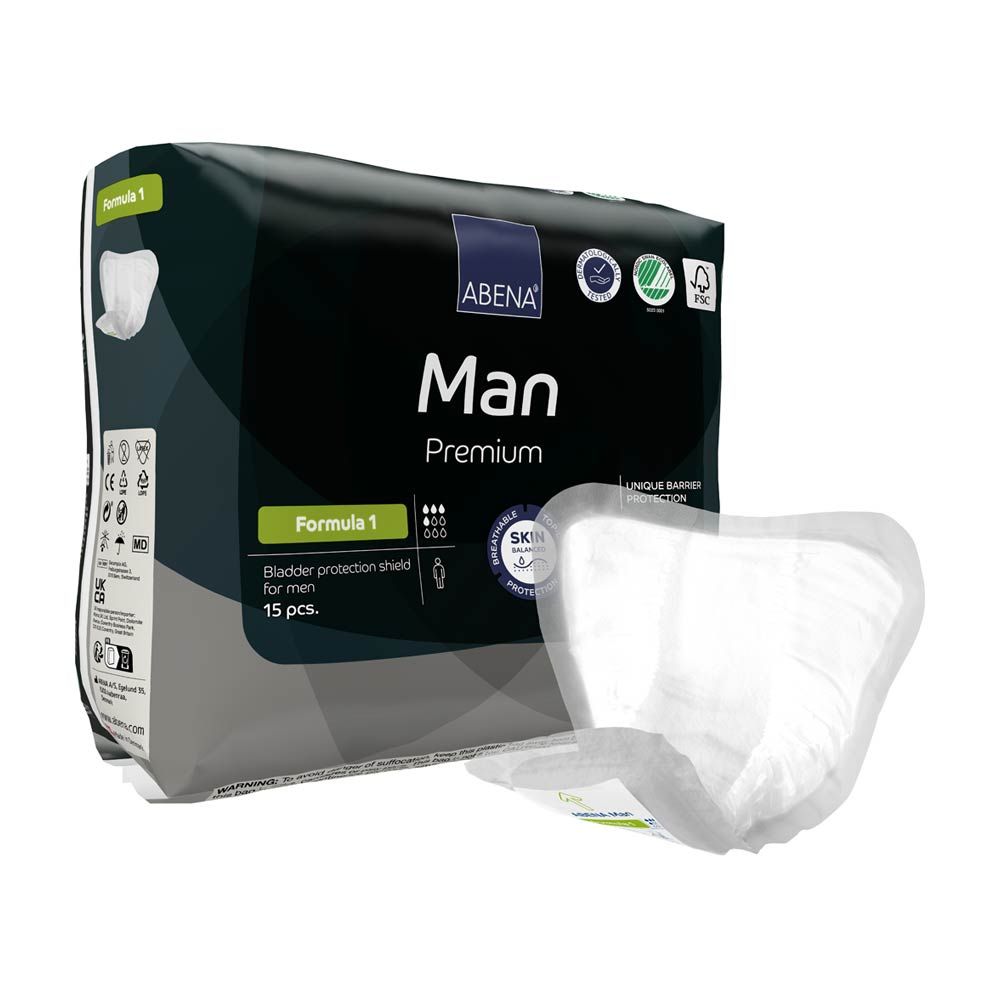 Verpackung von Abena Man Premium Formula 1. Schwarze Verpackung mit Produktname und Logo. 15 Stück. Produkt daneben.