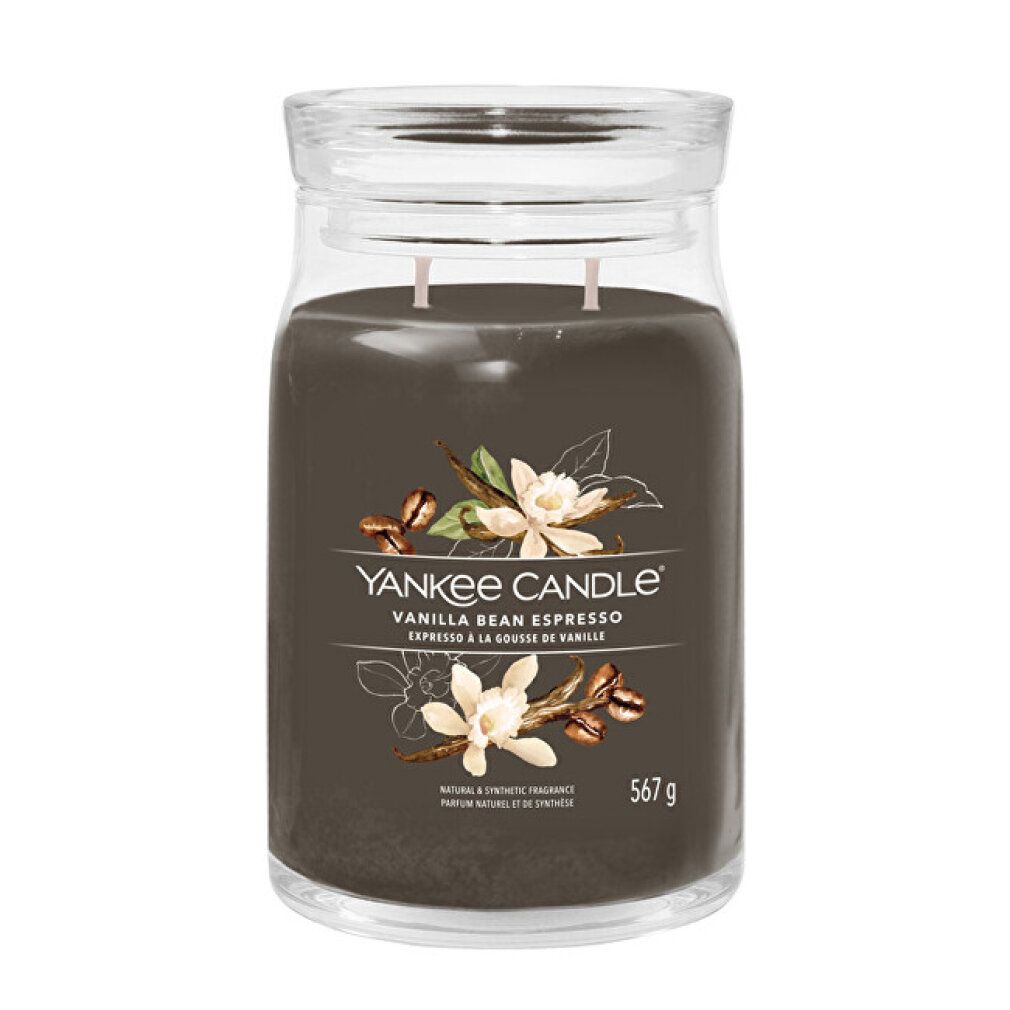 Glasbehälter mit Deckel, braune Kerze. Aufschrift: Yankee Candle, Vanilla Bean Espresso, 567 g. Abbildung von Blüten und Kaffeebohnen.