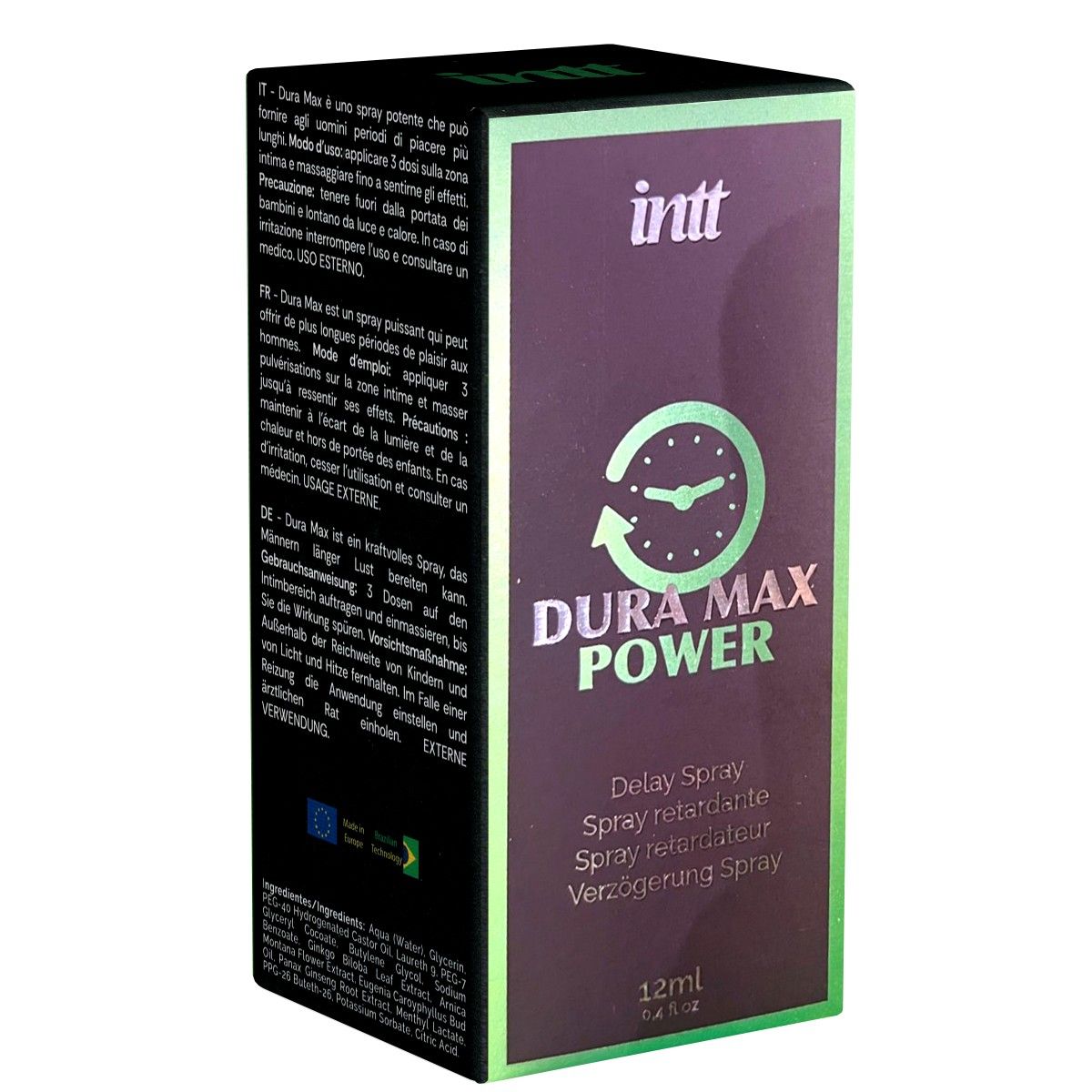 Verpackung mit "Dura Max Power"-Logo, Uhr-Symbol und Text in mehreren Sprachen. 12ml-Angabe.