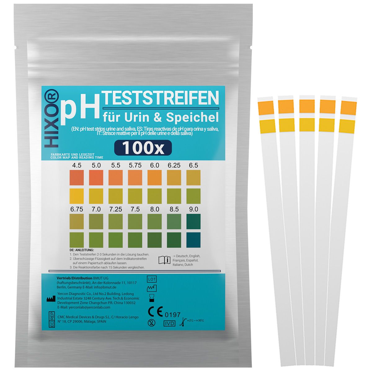 pH-Teststreifen für Urin & Speichel. 100 Streifen. Farbvergleichstabelle. CE-Kennzeichnung.