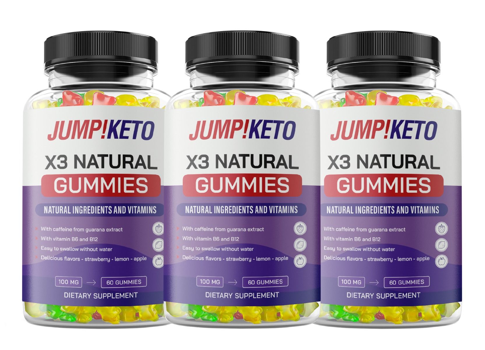 Drei Flaschen Jump!Keto X3 Natural Gummies, gefüllt mit bunten Gummibärchen.