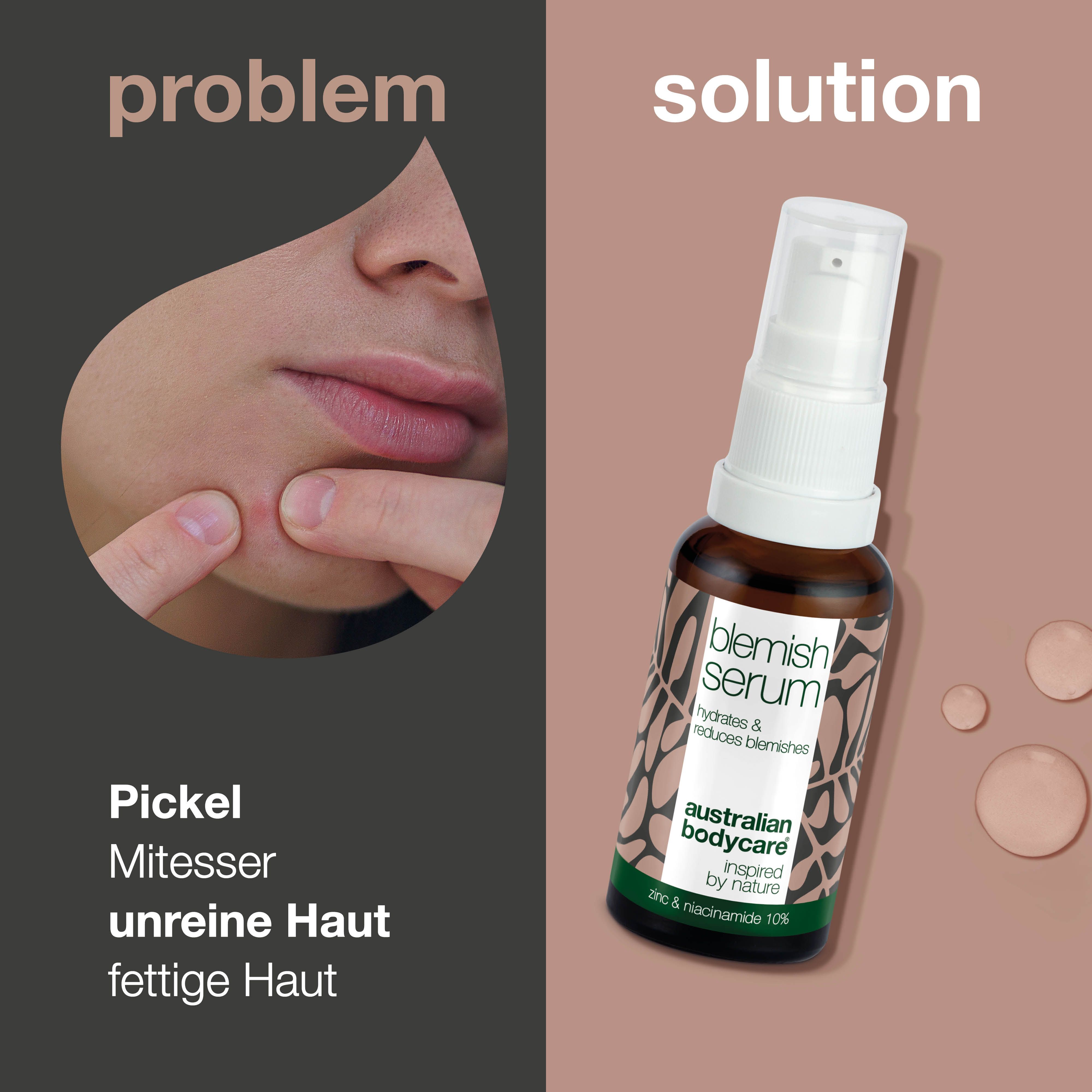 Vergleich von Hautproblemen und Serum. Aufschrift: Blemish Serum, Australian Bodycare.
