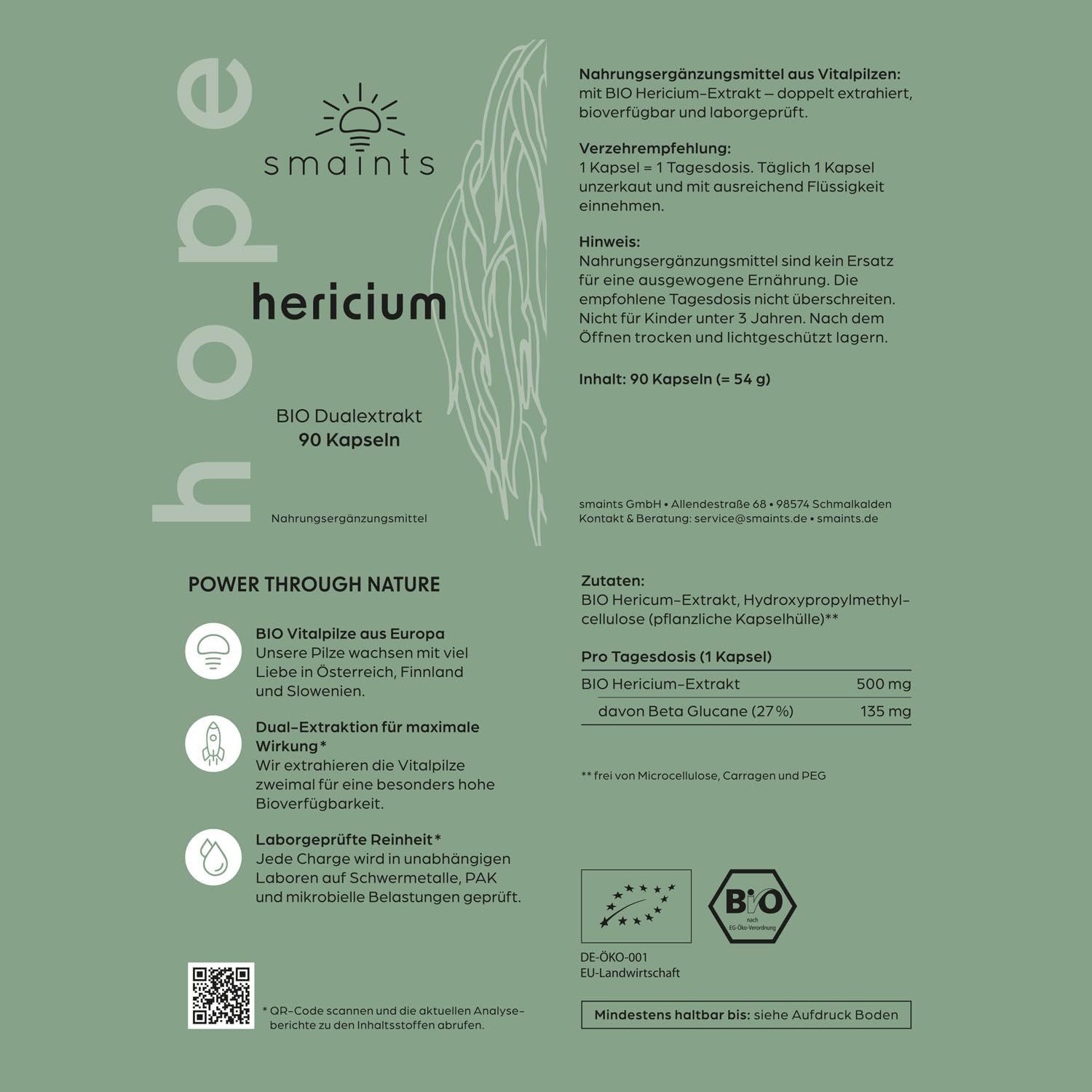 Rückseite der Verpackung mit Produktinformationen. Text: smaints® Hericium, BIO Dualextrakt, 90 Kapseln. Inhaltsstoffe, Dosierung.