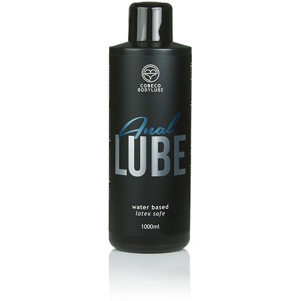 Schwarze Flasche mit schwarzem Deckel. Aufschrift: Anal LUBE, water based latex safe, 1000ml. Logo: Cobeco Bodylube.