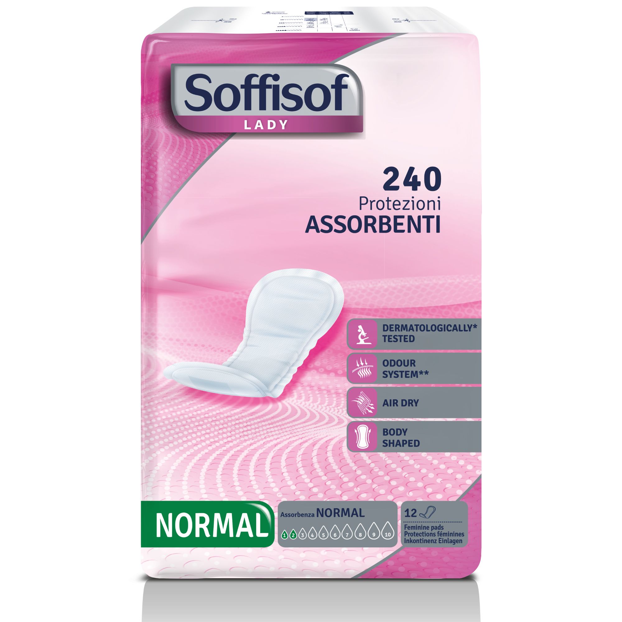 Verpackung Soffisof Lady Normal Inkontinenzeinlagen. 240 Stück. Dermatologisch getestet. Geruchs-System. Air Dry. Body Shaped.