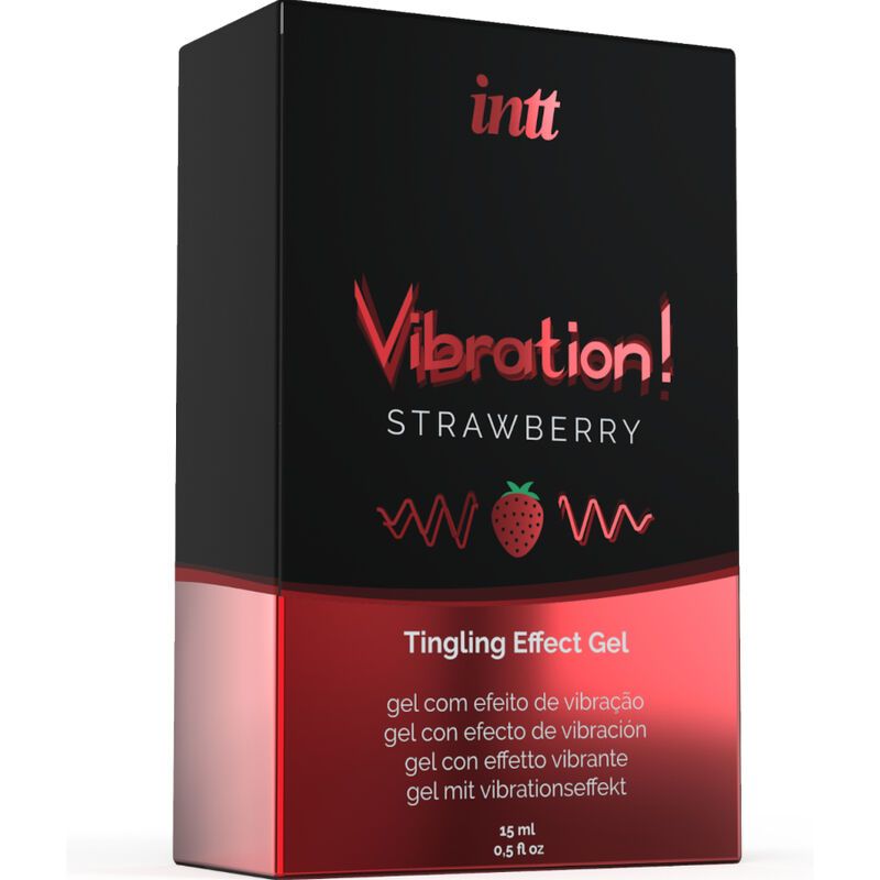 Schwarze Produktverpackung mit roter und weißer Schrift. Aufschrift: INTT Vibration! Strawberry Tingling Effect Gel.