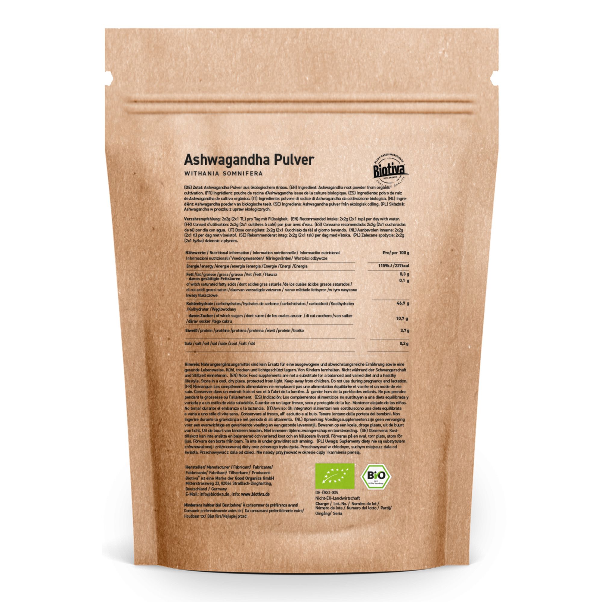 Braune Papierverpackung mit Aufdruck. Text: Ashwagandha Pulver, Biotiva, Bio-Siegel. Rückseite mit Text.