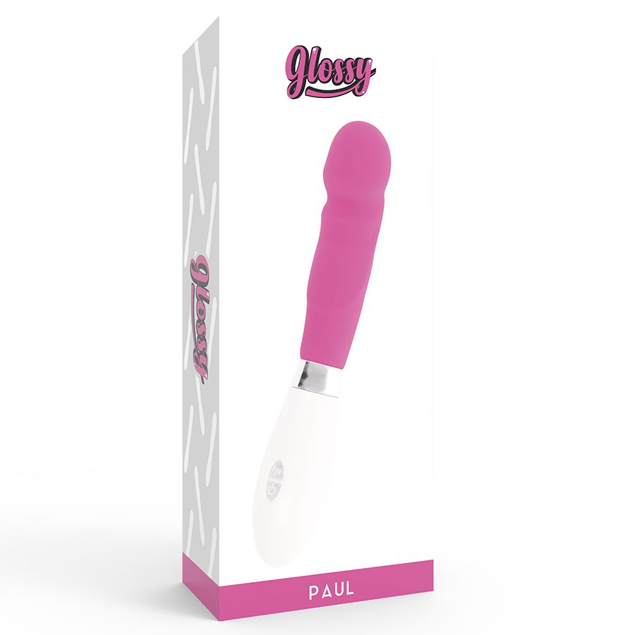 Verpackung mit Silikonvibrator, pinkfarben und weiß. Mit Produktnamen und Logo.