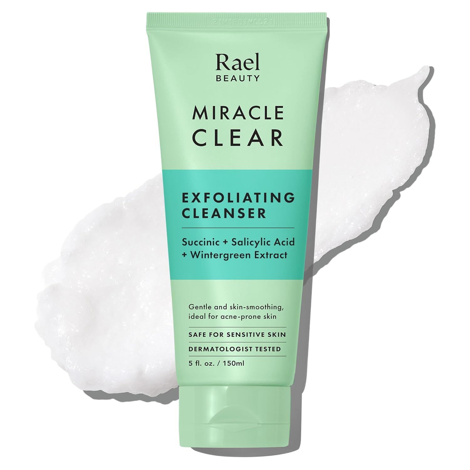 Grüne Tube mit weißem Schaum. Text: Rael Beauty, Miracle Clear, Exfoliating Cleanser. Inhaltsstoffe: Succinic + Salicylic Acid + Wintergreen Extract.