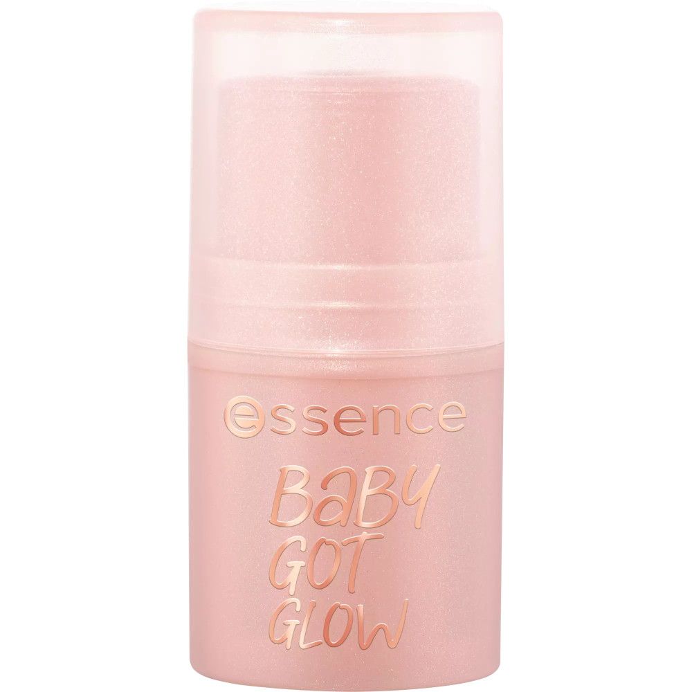 Essence Baby Got Glow Highlighter-Stift. Rosa Stift mit transparentem Deckel. Produktname und Marke sichtbar.