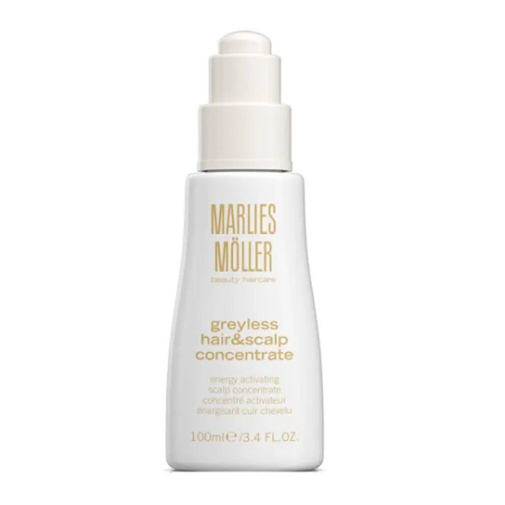 Weißes Fläschchen mit Pumpe. Aufschrift: Marlies Müller, Greyless Hair & Scalp Concentrate. Text in Englisch und Französisch. 100ml/3.4 FL.OZ.